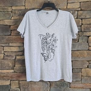 Gray Graphic T-shirt Butterfly & Skeleton